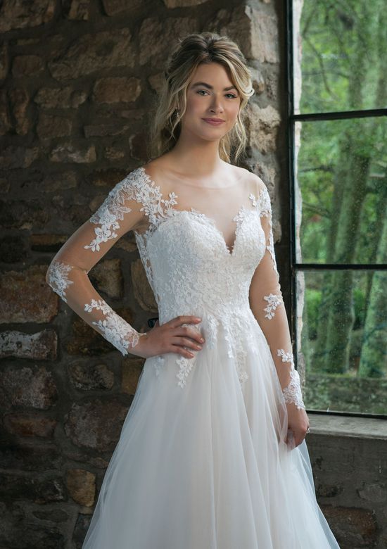 Abito Da Sposa A Trapezio In Pizzo Trasparente A Maniche Lunghe Angela Caputo Sposa